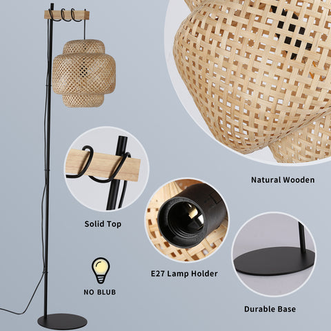 62" Tall Rattan and Bamboo Floor Lamp – Rustic Wicker Lantern with E26 Fixture, Wooden Holder, and Industrial Metal Black Stand – Ideal Lighting for Living and Dining Rooms