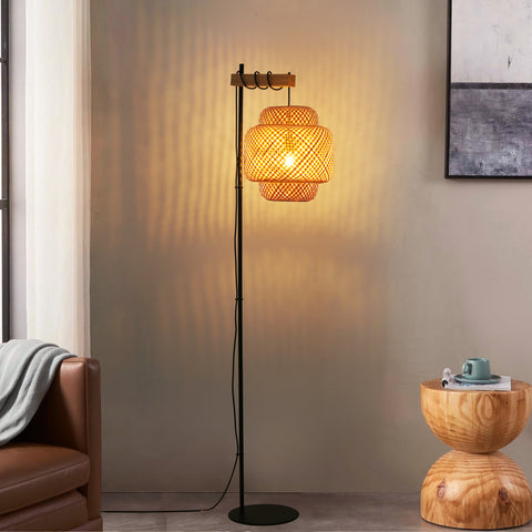 62" Tall Rattan and Bamboo Floor Lamp – Rustic Wicker Lantern with E26 Fixture, Wooden Holder, and Industrial Metal Black Stand – Ideal Lighting for Living and Dining Rooms