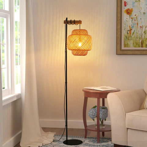 62" Tall Rattan and Bamboo Floor Lamp – Rustic Wicker Lantern with E26 Fixture, Wooden Holder, and Industrial Metal Black Stand – Ideal Lighting for Living and Dining Rooms