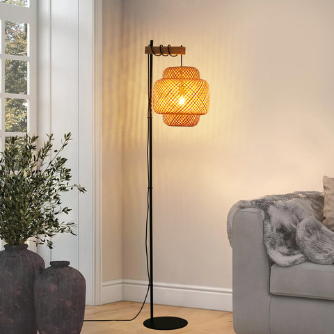 62" Tall Rattan and Bamboo Floor Lamp – Rustic Wicker Lantern with E26 Fixture, Wooden Holder, and Industrial Metal Black Stand – Ideal Lighting for Living and Dining Rooms