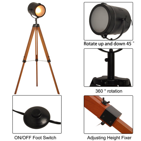 Wooden Black Tripod Floor Lamp - Height Adjustable