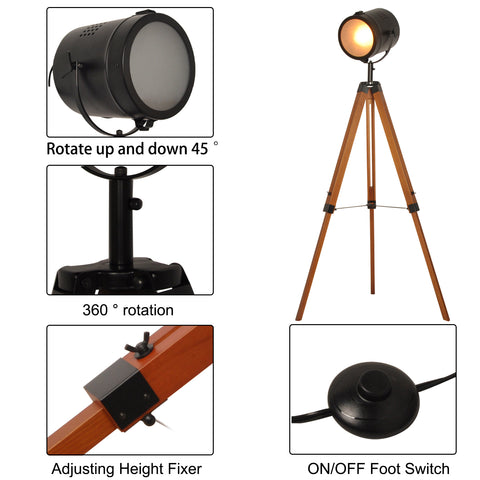 Wooden Black Tripod Floor Lamp - Height Adjustable