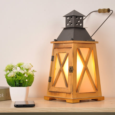 Vintage Wood Lantern Table Lamp for Living Room - Hurricane Nightstand Light