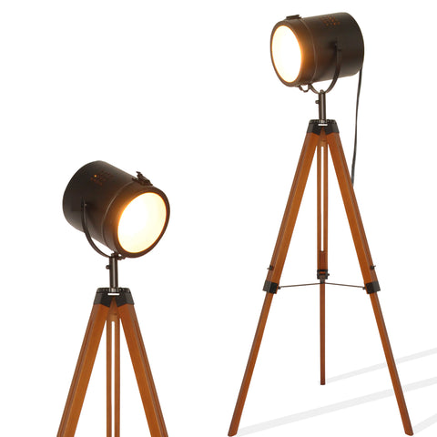 Wooden Black Tripod Floor Lamp - Height Adjustable