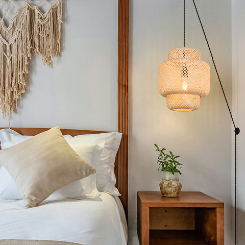 Plug in Pendant Light Rattan Hanging Lamp Basket Chandelier