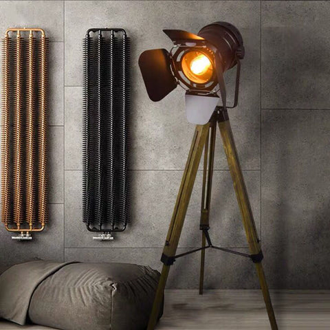 Wood Tripod Floor Lamp - Nautical Cinema Corner Spotlight