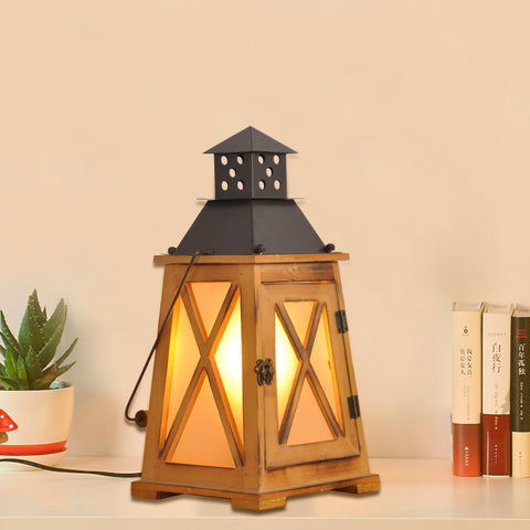 Vintage Wood Lantern Table Lamp for Living Room - Hurricane Nightstand Light