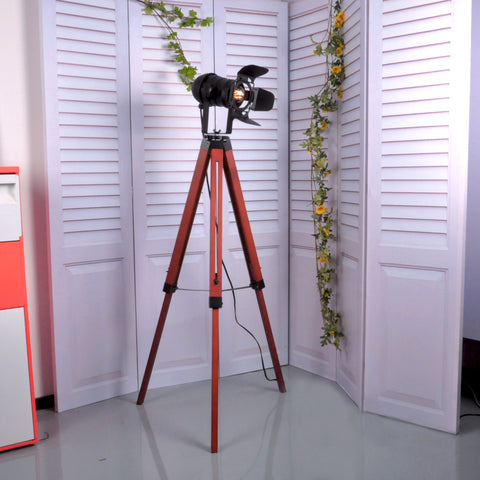 Wood Tripod Floor Lamp - Nautical Cinema Corner Spotlight