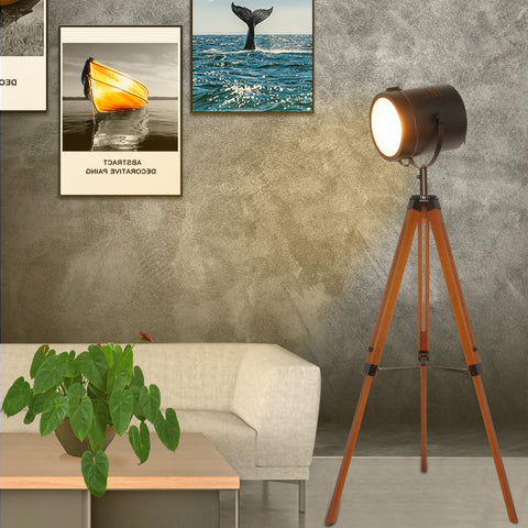 Wooden Black Tripod Floor Lamp - Height Adjustable