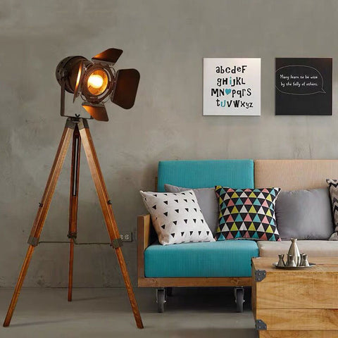 Wood Tripod Floor Lamp - Nautical Cinema Corner Spotlight