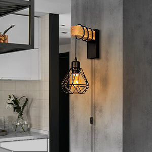 Modern Plug in Wire Wood Cage Wall Lamp Industrial Rustic Lift Pipe