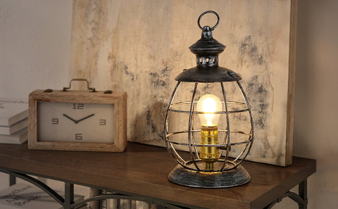 Lantern Table Lamp for Living Room - Industrial Reading Bedside Desk Lamp