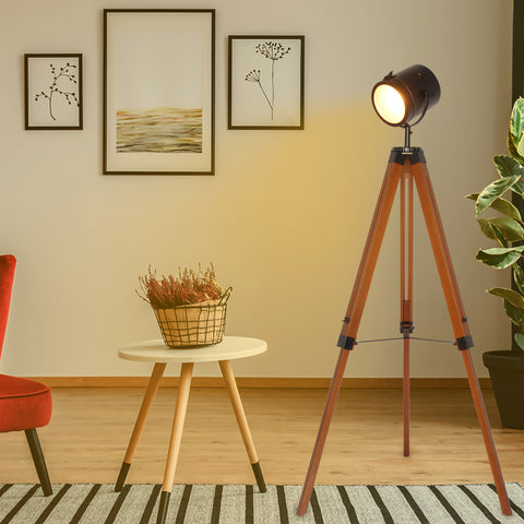 Wooden Black Tripod Floor Lamp - Height Adjustable