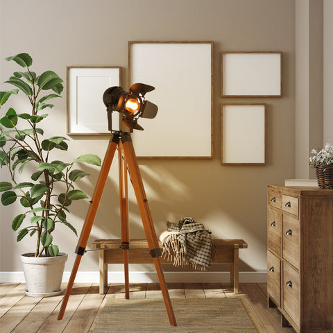 Wood Tripod Floor Lamp - Nautical Cinema Corner Spotlight