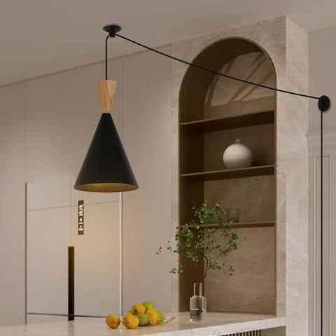 Black Wood Adjustable Height Pendant Wall Light