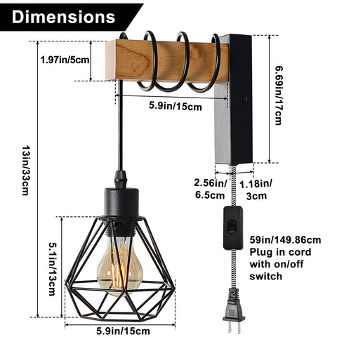 Modern Plug in Wire Wood Cage Wall Lamp Industrial Rustic Lift Pipe