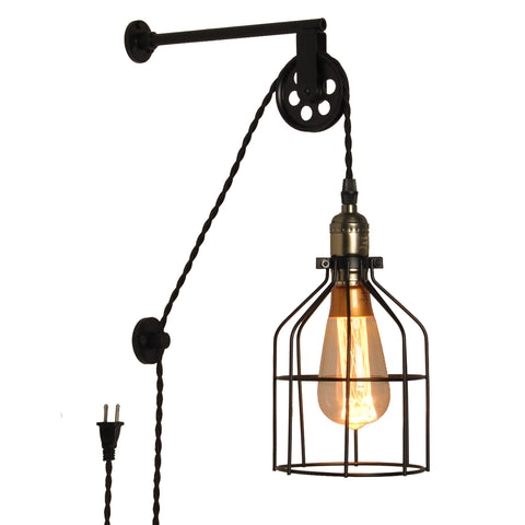 Industrial Plug in Cage Wall Lamp Lift Pipe Pulley - Adjustable Fixture with Cord