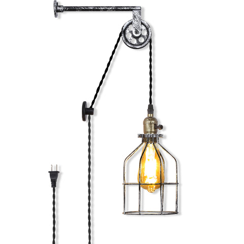 Industrial Plug in Cage Wall Lamp Lift Pipe Pulley - Adjustable Fixture with Cord