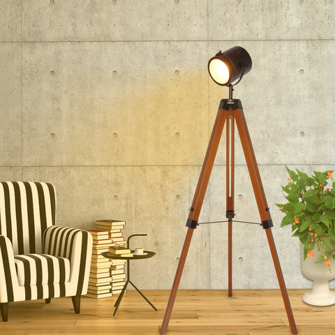 Wooden Black Tripod Floor Lamp - Height Adjustable