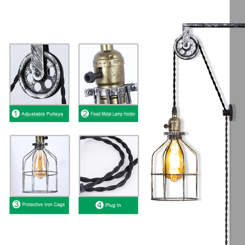 Industrial Plug in Cage Wall Lamp Lift Pipe Pulley - Adjustable Fixture with Cord