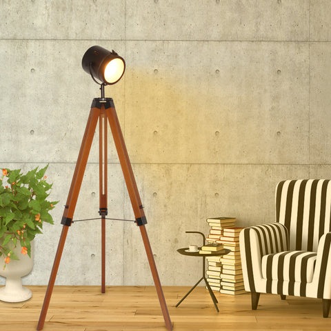 Wooden Black Tripod Floor Lamp - Height Adjustable