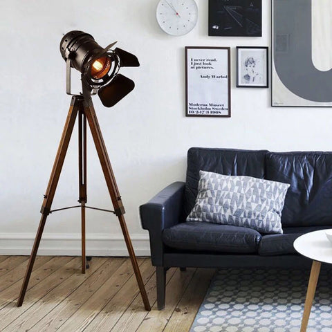 Wood Tripod Floor Lamp - Nautical Cinema Corner Spotlight