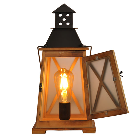 Vintage Wood Lantern Table Lamp for Living Room - Hurricane Nightstand Light