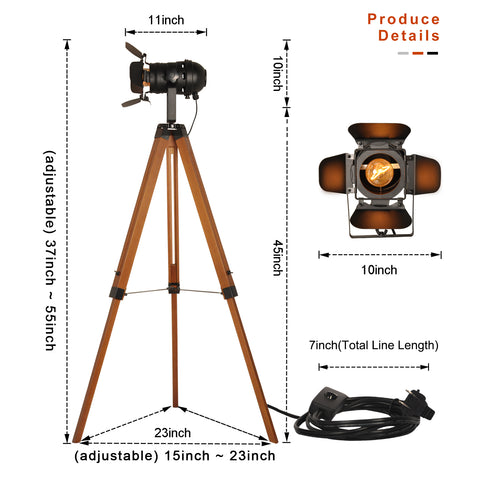 Wood Tripod Floor Lamp - Nautical Cinema Corner Spotlight