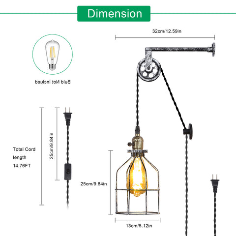 Industrial Plug in Cage Wall Lamp Lift Pipe Pulley - Adjustable Fixture with Cord