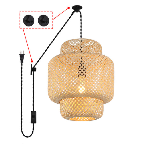Plug in Pendant Light Rattan Hanging Lamp Basket Chandelier