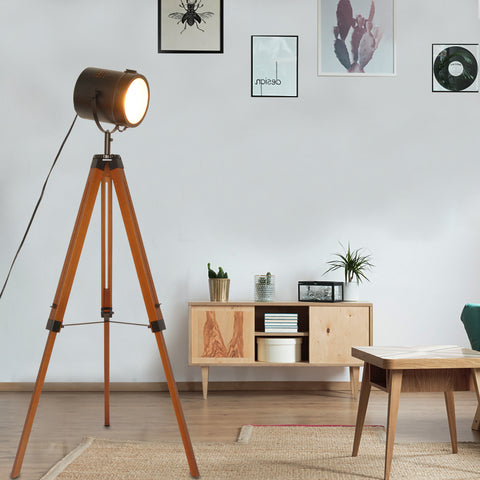 Wooden Black Tripod Floor Lamp - Height Adjustable