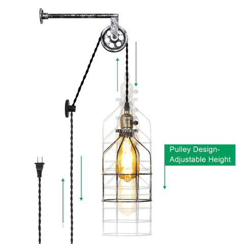 Industrial Plug in Cage Wall Lamp Lift Pipe Pulley - Adjustable Fixture with Cord