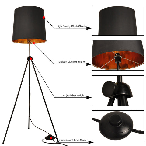 Industrial Lampshade Tripod Floor Light Black Gold