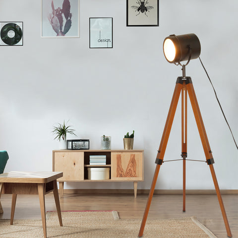 Wooden Black Tripod Floor Lamp - Height Adjustable