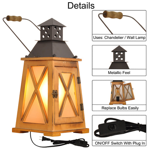 Vintage Wood Lantern Table Lamp for Living Room - Hurricane Nightstand Light