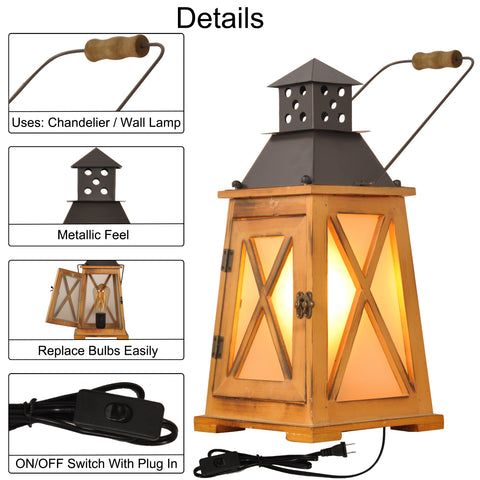 Vintage Wood Lantern Table Lamp for Living Room - Hurricane Nightstand Light