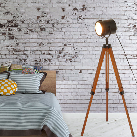 Wooden Black Tripod Floor Lamp - Height Adjustable