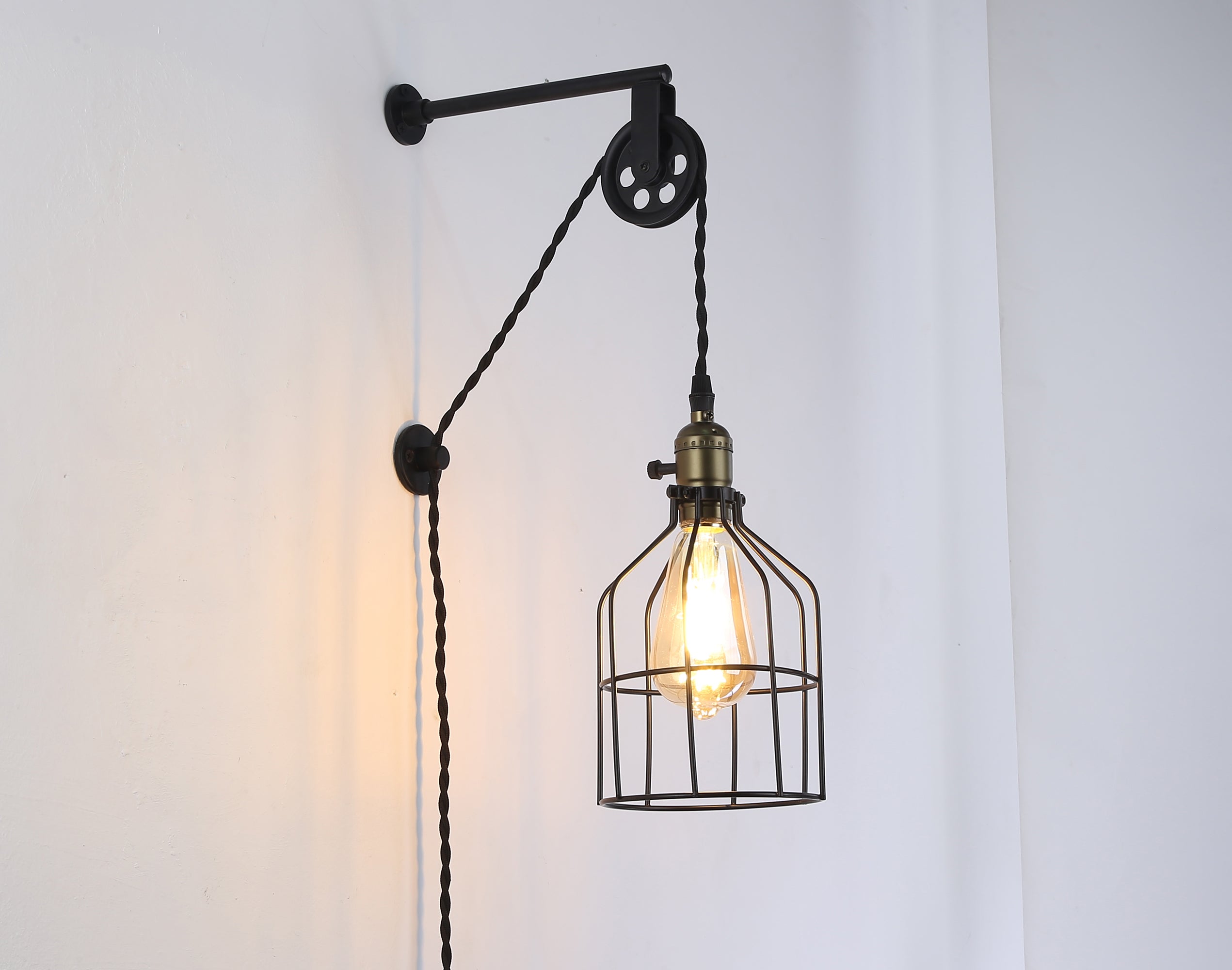 Industrial Plug in Cage Wall Lamp Lift Pipe Pulley Adjustable Fixture  with Cord