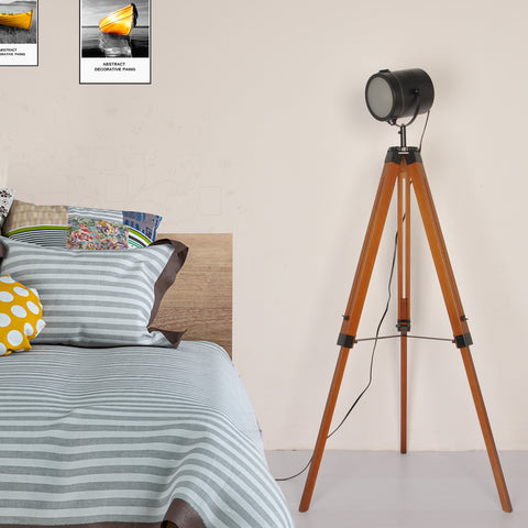 Wooden Black Tripod Floor Lamp - Height Adjustable