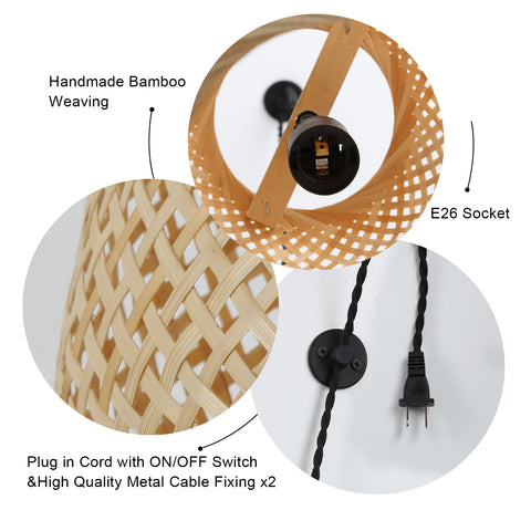 Plug in Pendant Light Rattan Hanging Lamp Basket Chandelier