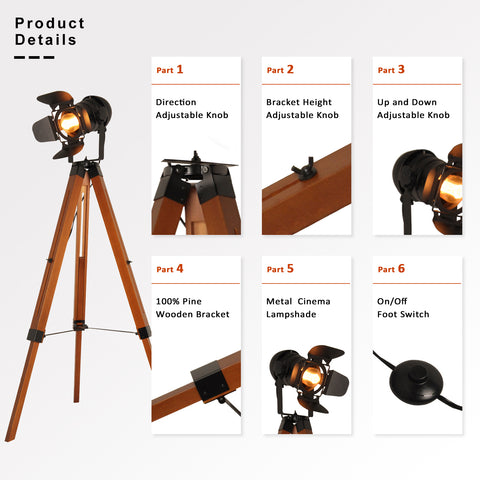 Wood Tripod Floor Lamp - Nautical Cinema Corner Spotlight