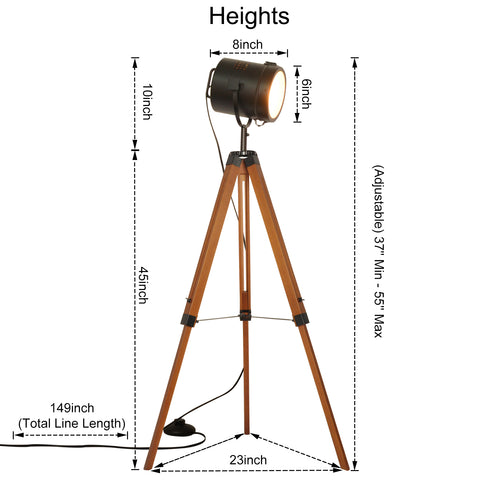 Wooden Black Tripod Floor Lamp - Height Adjustable