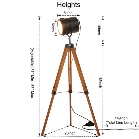 Wooden Black Tripod Floor Lamp - Height Adjustable