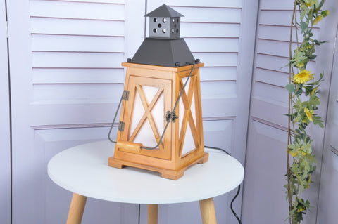 Vintage Wood Lantern Table Lamp for Living Room - Hurricane Nightstand Light