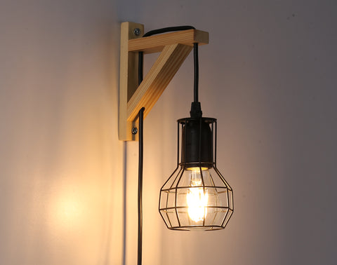 Modern Plug in Wire Wood Cage Wall Lamp Industrial Rustic Lift Pipe