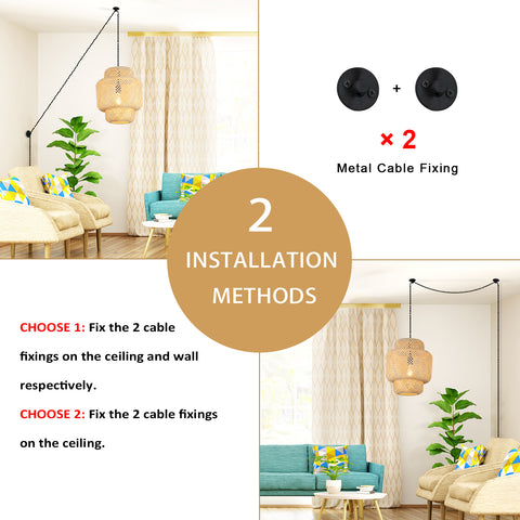 Plug in Pendant Light Rattan Hanging Lamp Basket Chandelier
