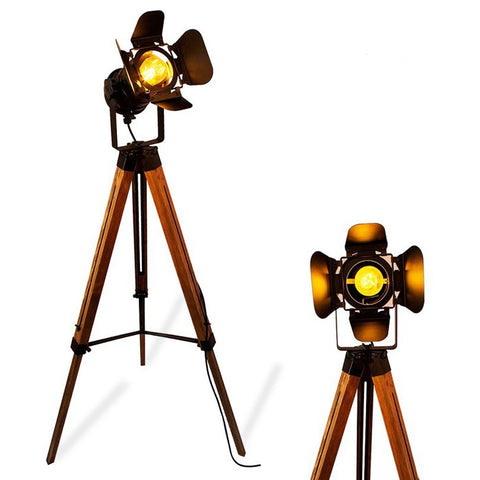 Wood Tripod Floor Lamp - Nautical Cinema Corner Spotlight